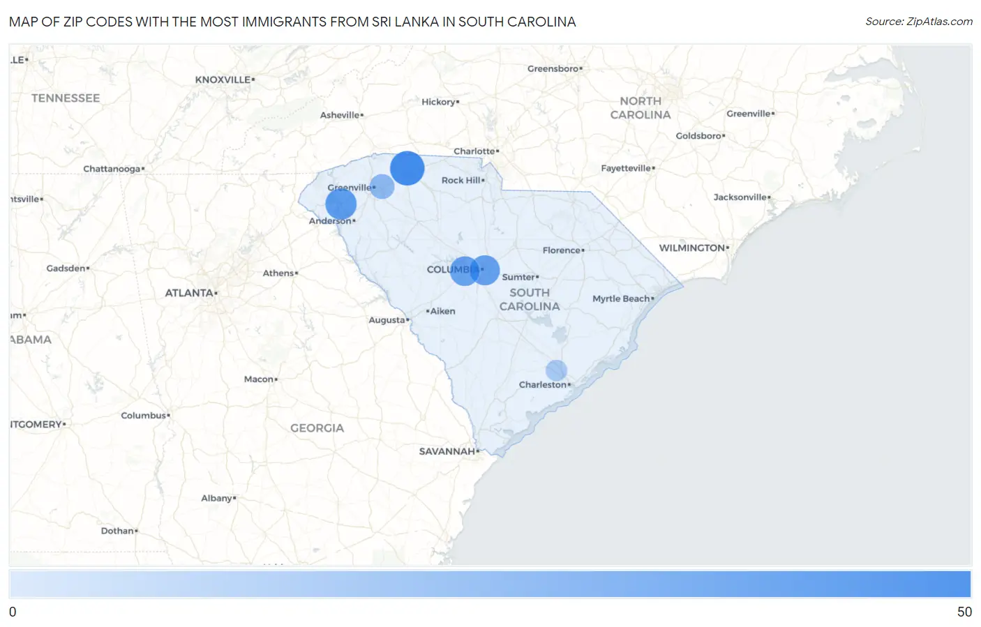 Zip Codes with the Most Immigrants from Sri Lanka in South Carolina Map
