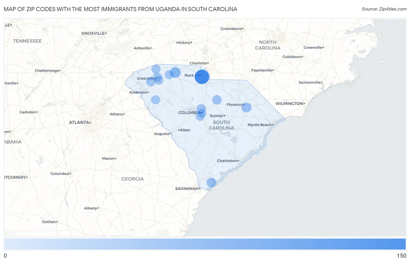 Zip Codes with the Most Immigrants from Uganda in South Carolina Map