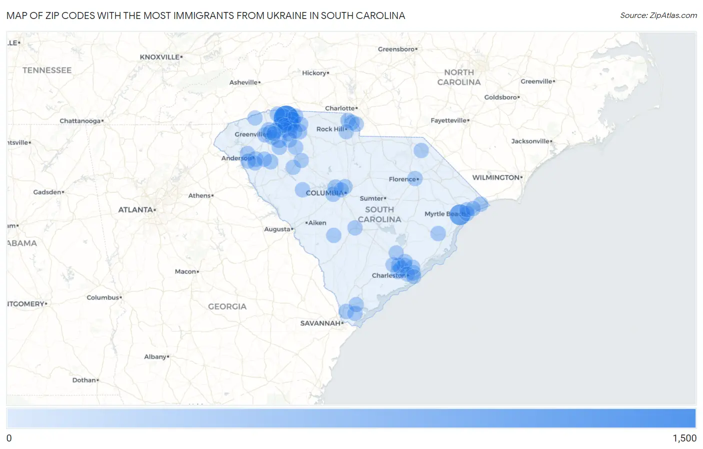 Zip Codes with the Most Immigrants from Ukraine in South Carolina Map