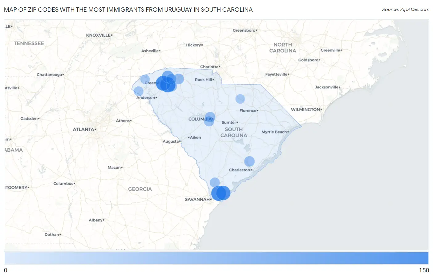 Zip Codes with the Most Immigrants from Uruguay in South Carolina Map