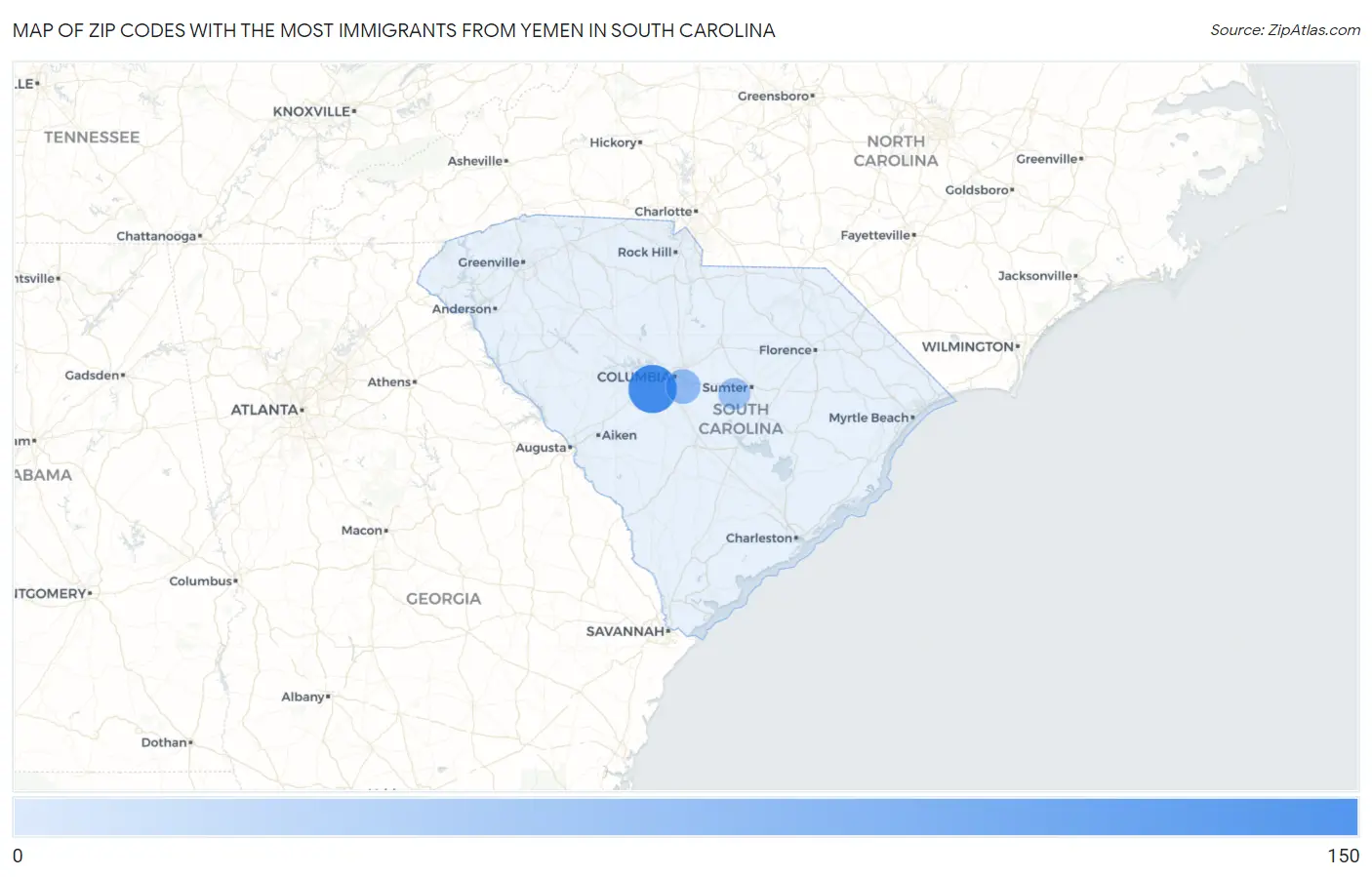 Zip Codes with the Most Immigrants from Yemen in South Carolina Map