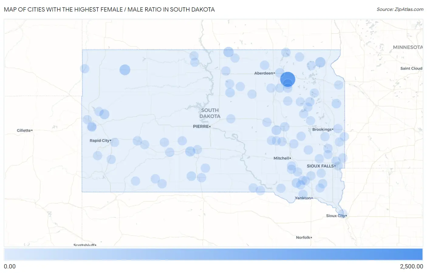Cities with the Highest Female / Male Ratio in South Dakota Map