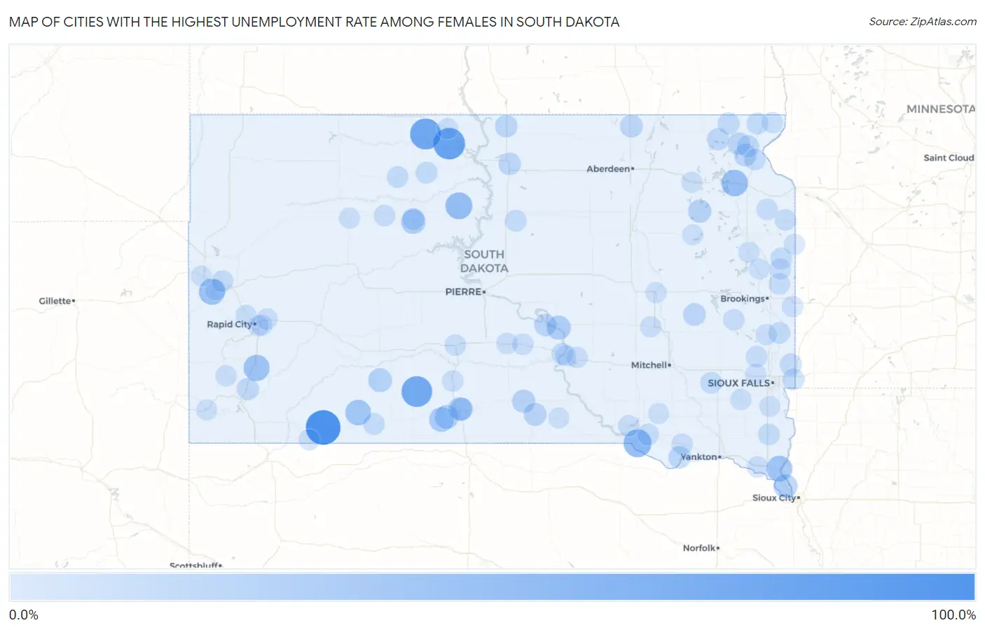 Cities with the Highest Unemployment Rate Among Females in South Dakota Map