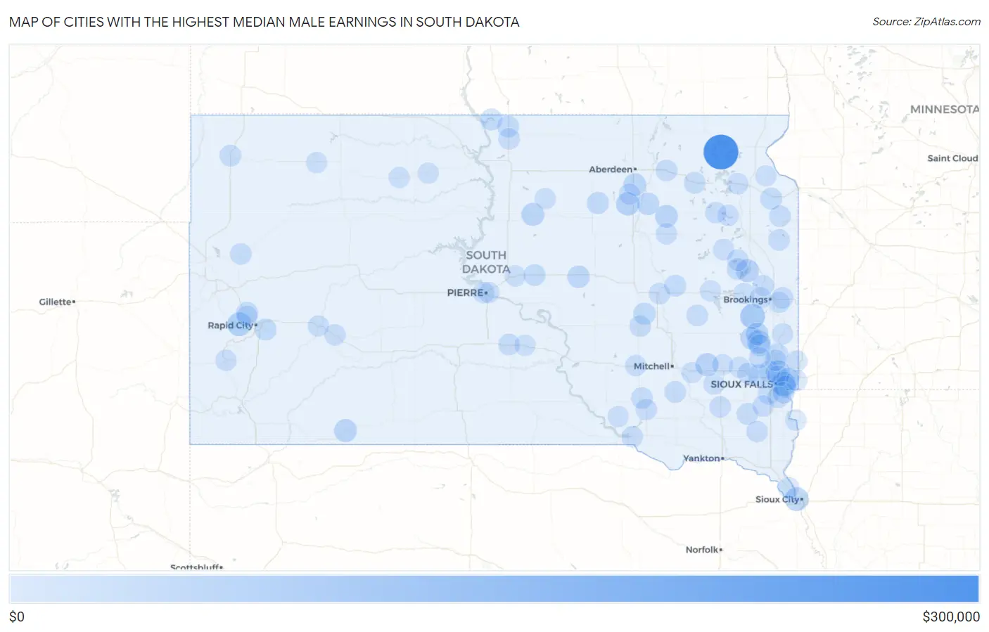 Cities with the Highest Median Male Earnings in South Dakota Map