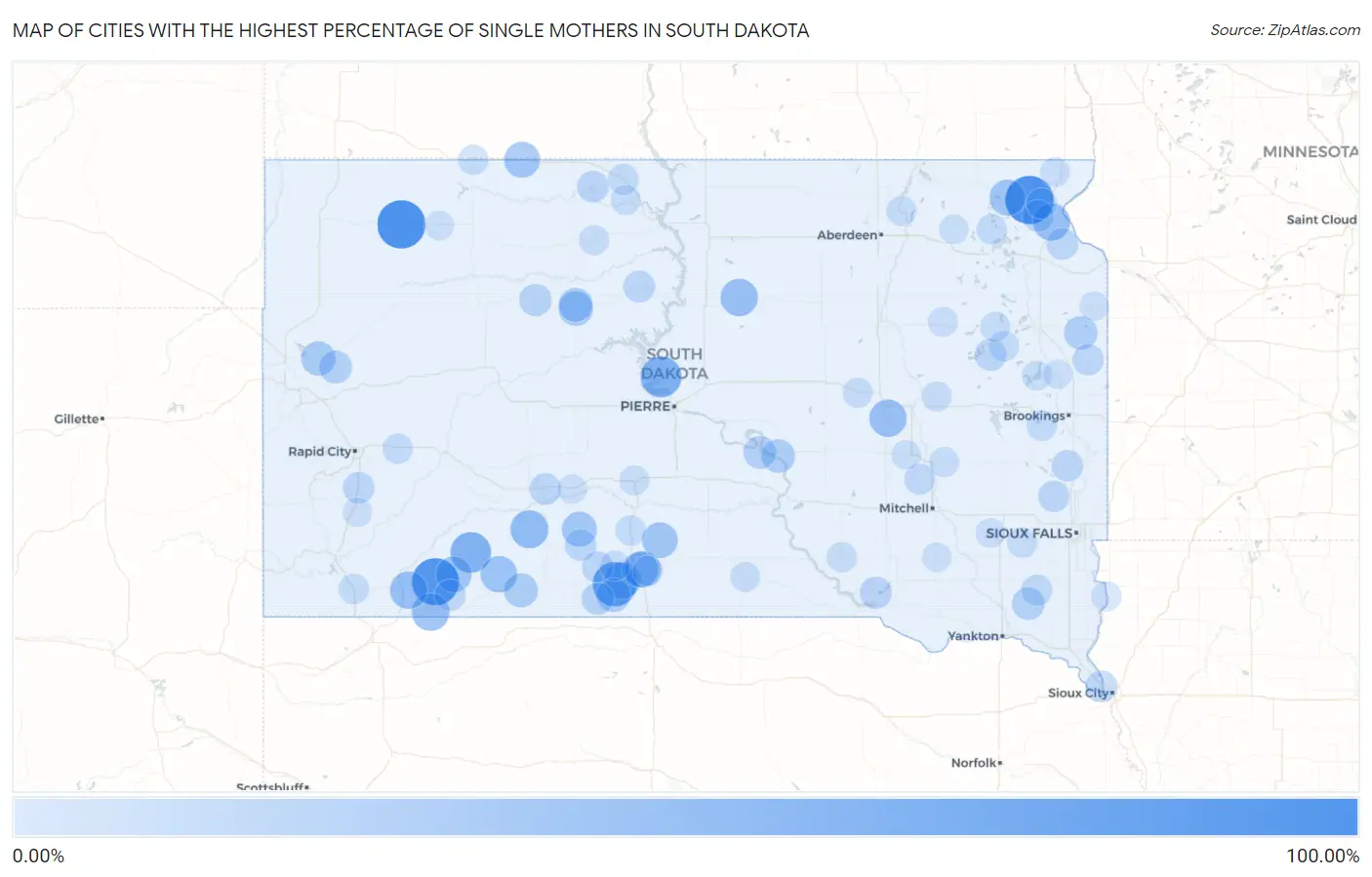 Cities with the Highest Percentage of Single Mothers in South Dakota Map
