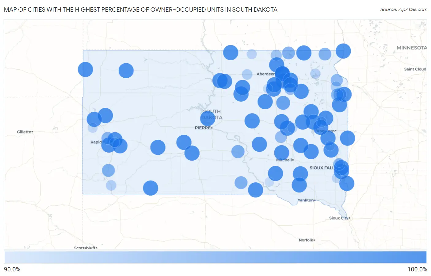 Cities with the Highest Percentage of Owner-Occupied Units in South Dakota Map