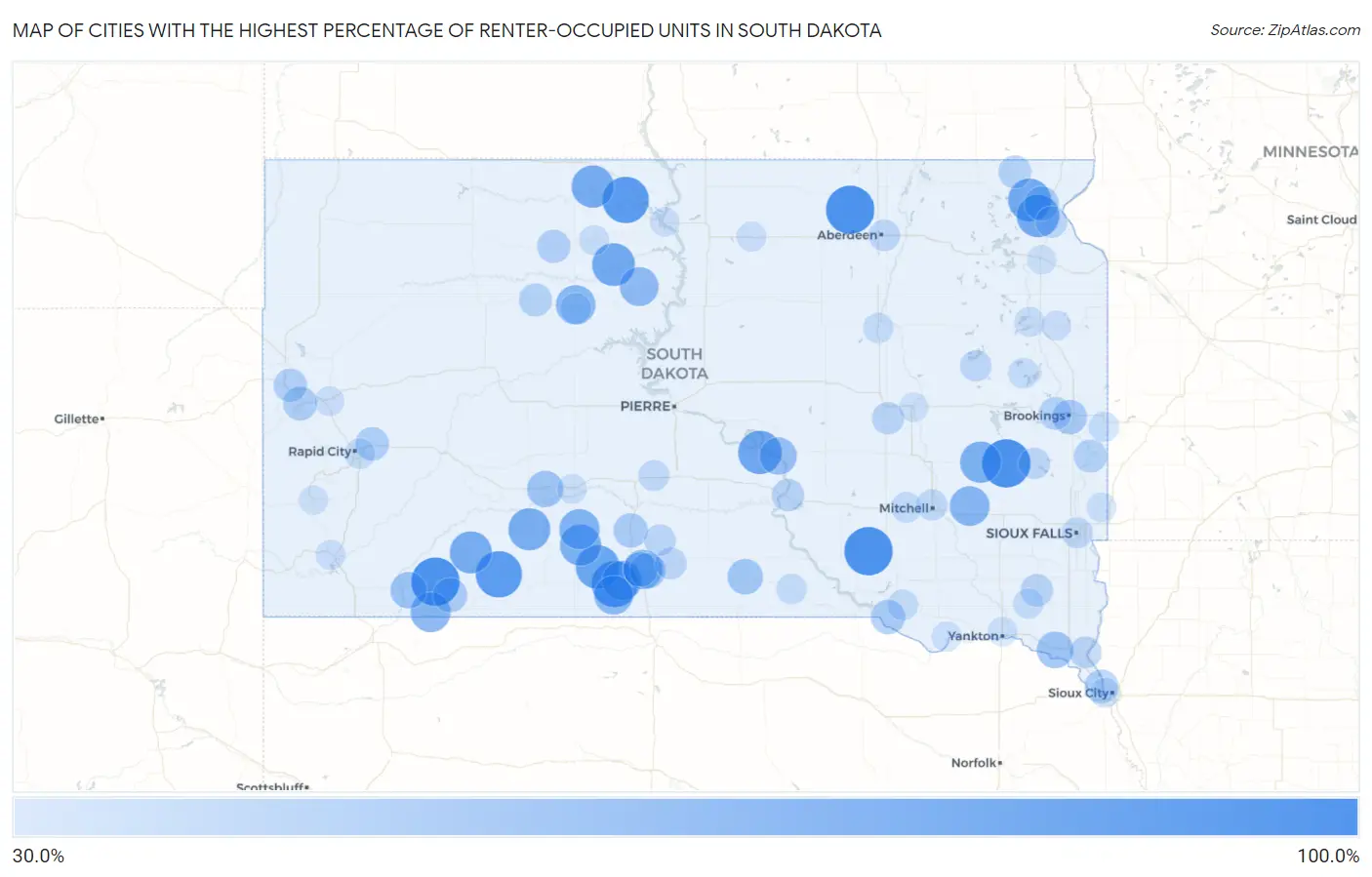 Cities with the Highest Percentage of Renter-Occupied Units in South Dakota Map