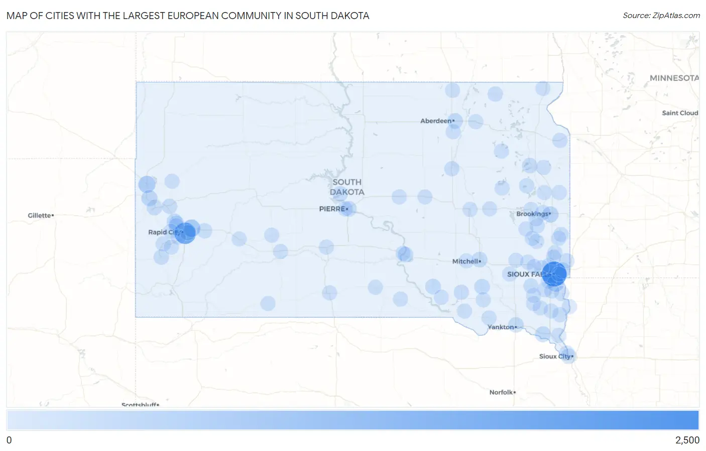 Cities with the Largest European Community in South Dakota Map