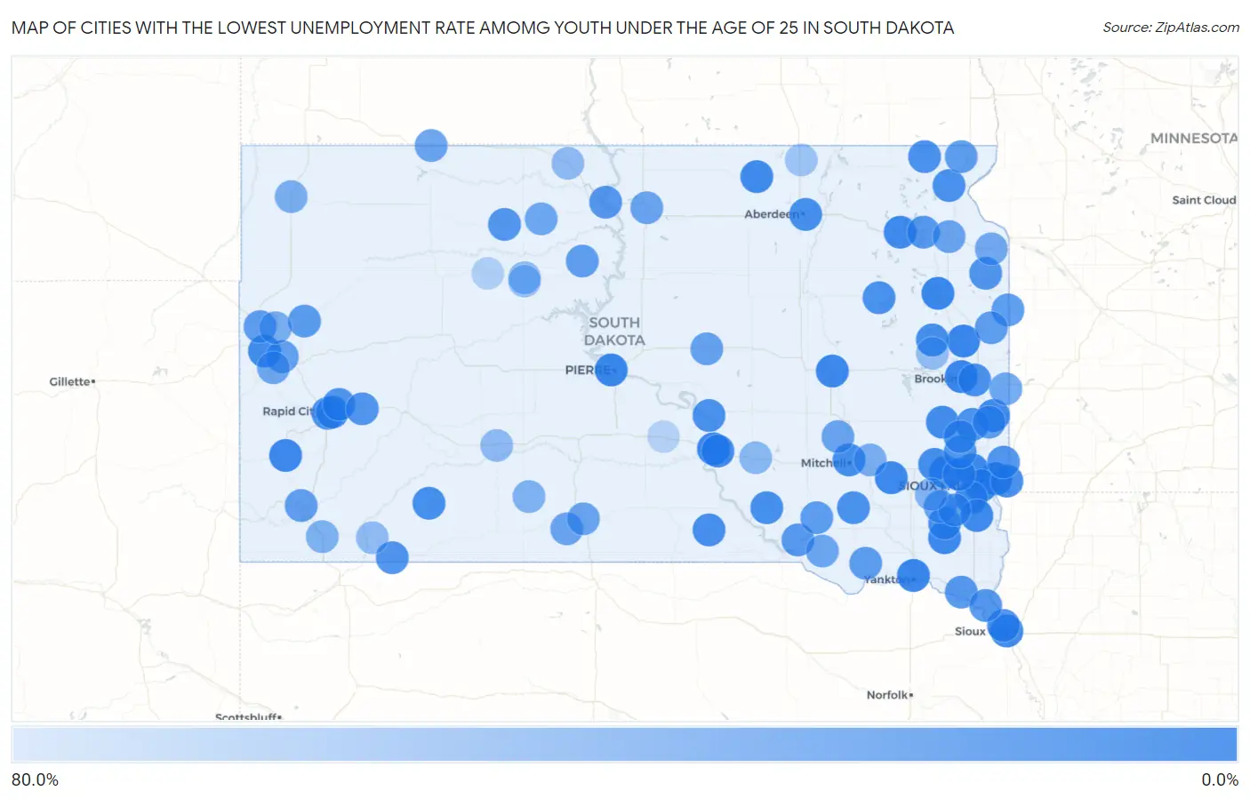 Cities with the Lowest Unemployment Rate Amomg Youth Under the Age of 25 in South Dakota Map