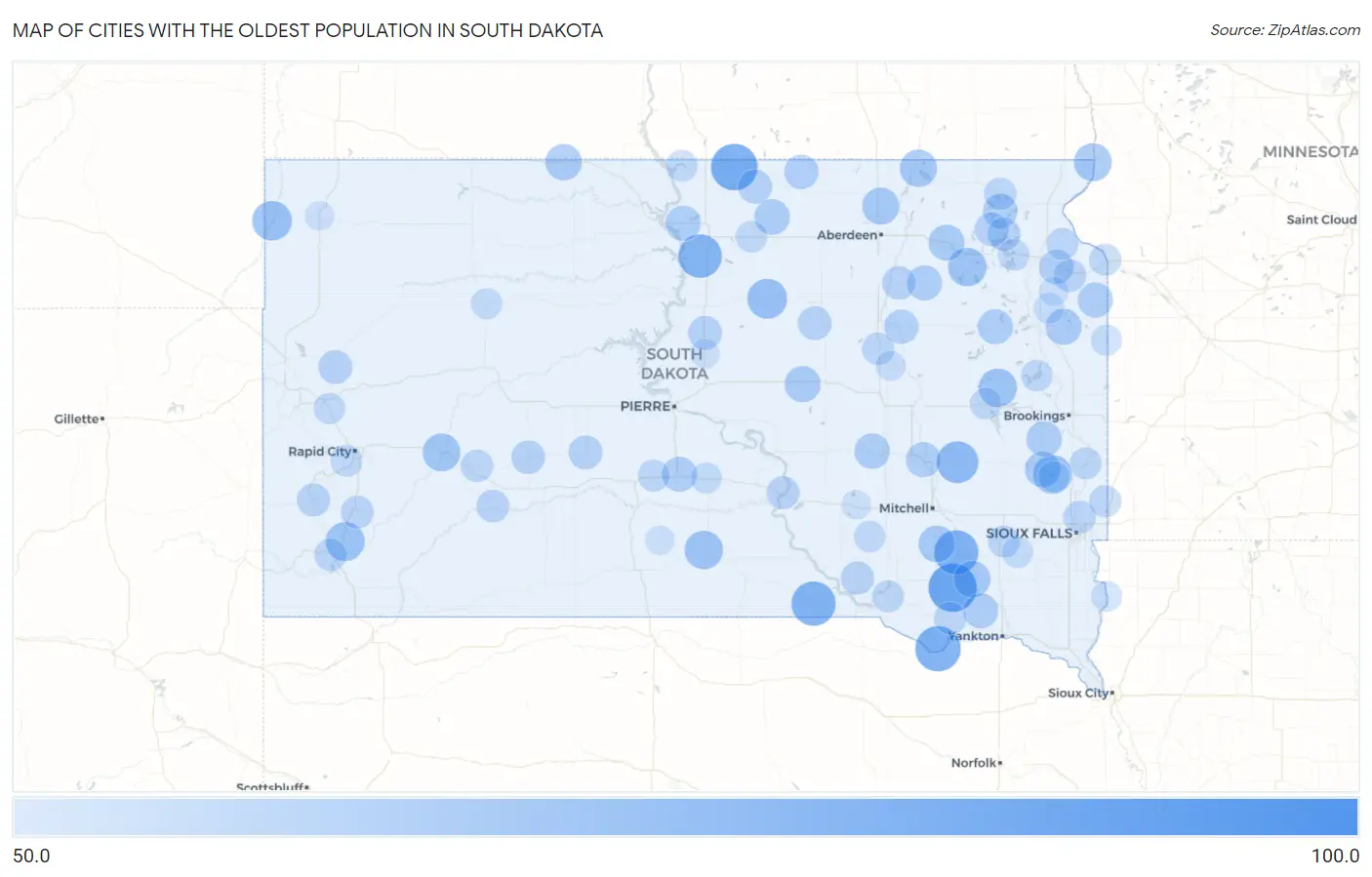 Cities with the Oldest Population in South Dakota Map