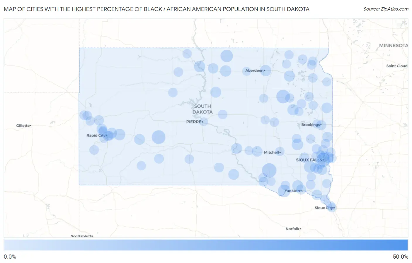 Cities with the Highest Percentage of Black / African American Population in South Dakota Map
