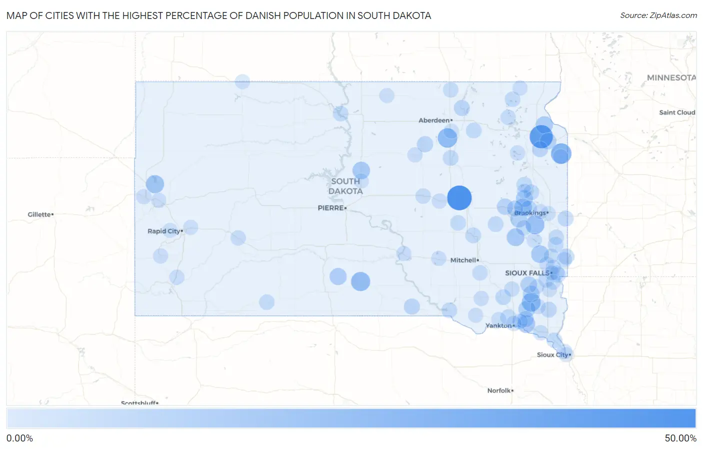 Cities with the Highest Percentage of Danish Population in South Dakota Map