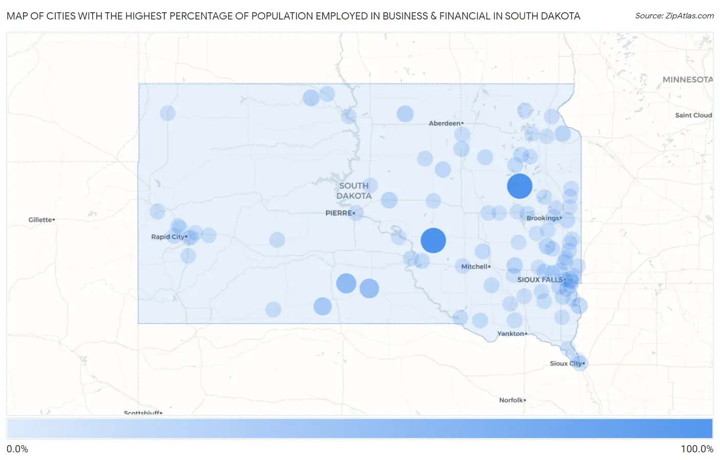 Cities with the Highest Percentage of Population Employed in Business & Financial in South Dakota Map