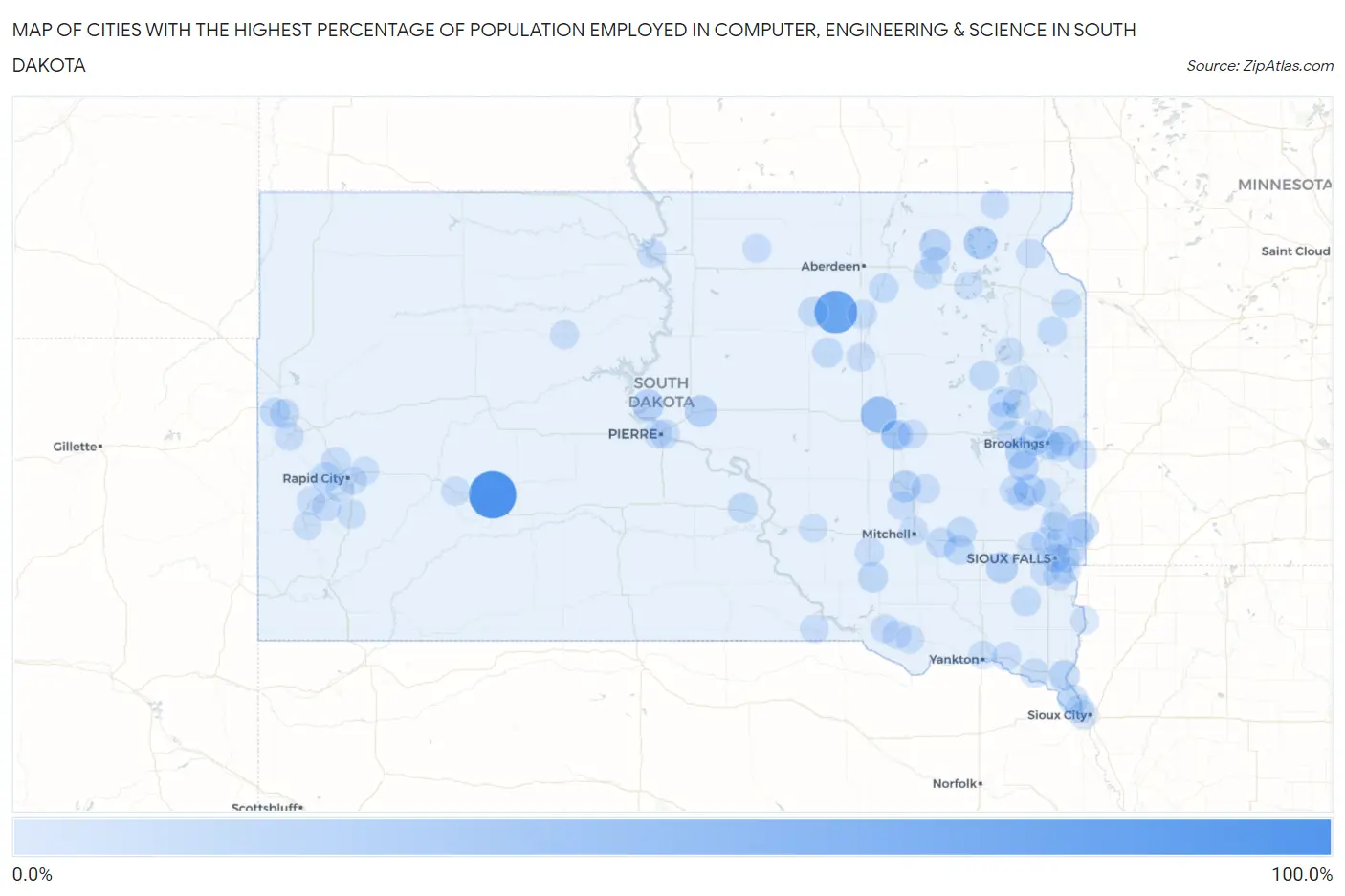 Cities with the Highest Percentage of Population Employed in Computer, Engineering & Science in South Dakota Map