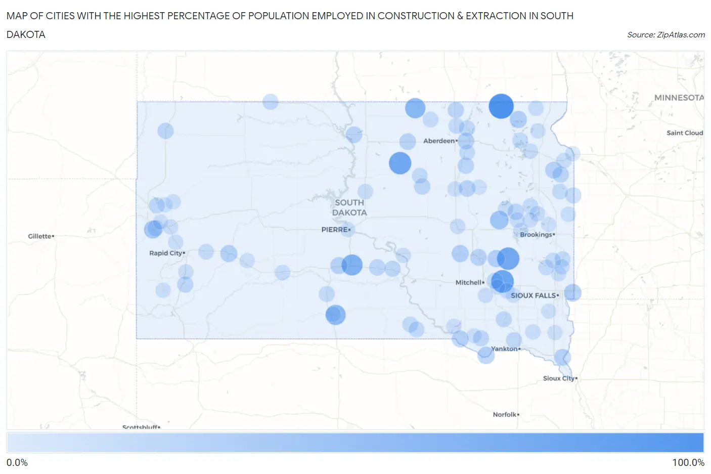 Cities with the Highest Percentage of Population Employed in Construction & Extraction in South Dakota Map