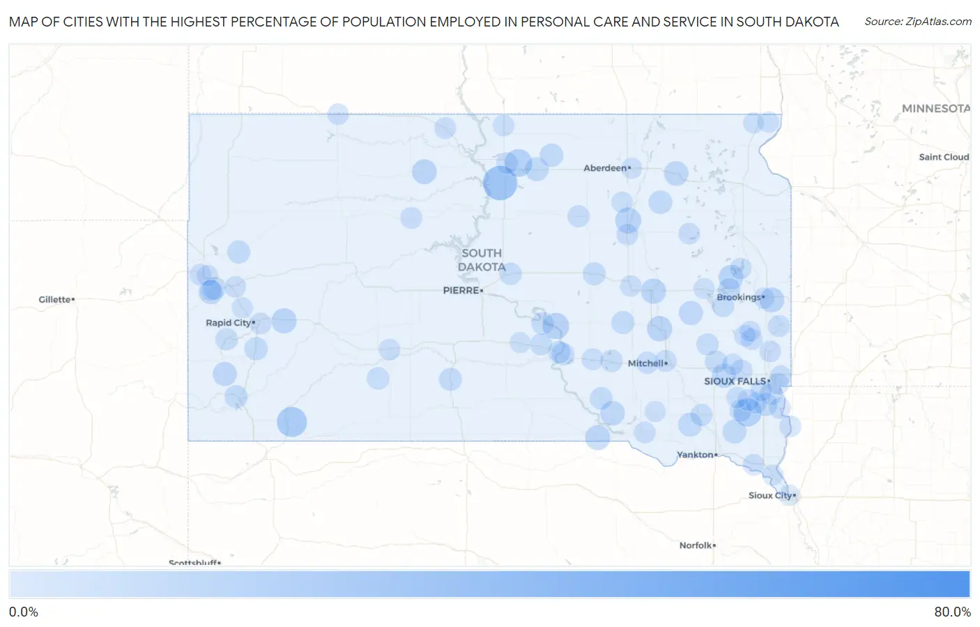 Cities with the Highest Percentage of Population Employed in Personal Care and Service in South Dakota Map