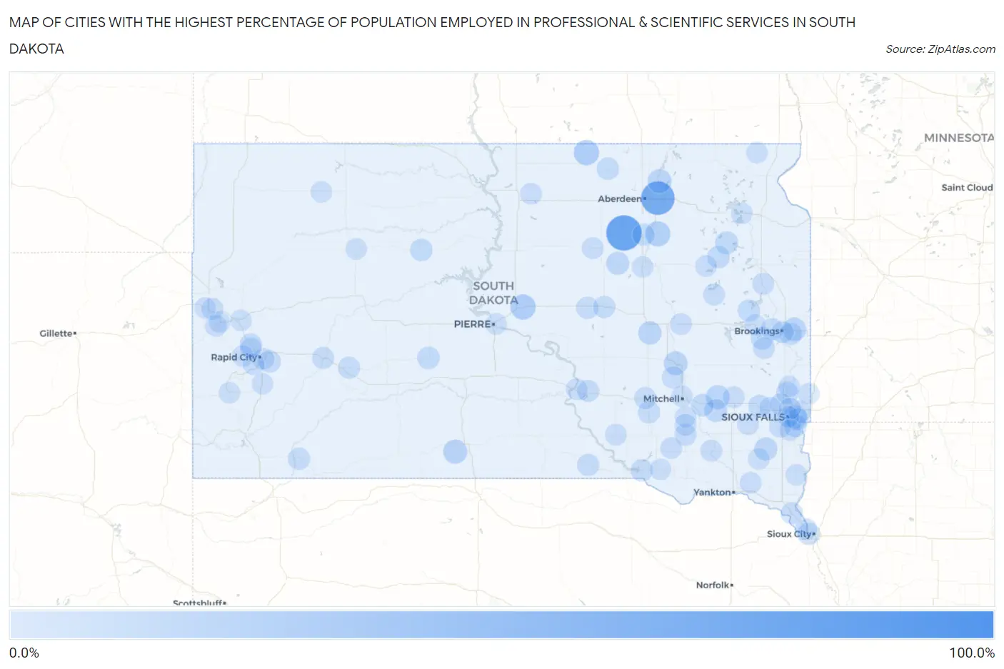 Cities with the Highest Percentage of Population Employed in Professional & Scientific Services in South Dakota Map