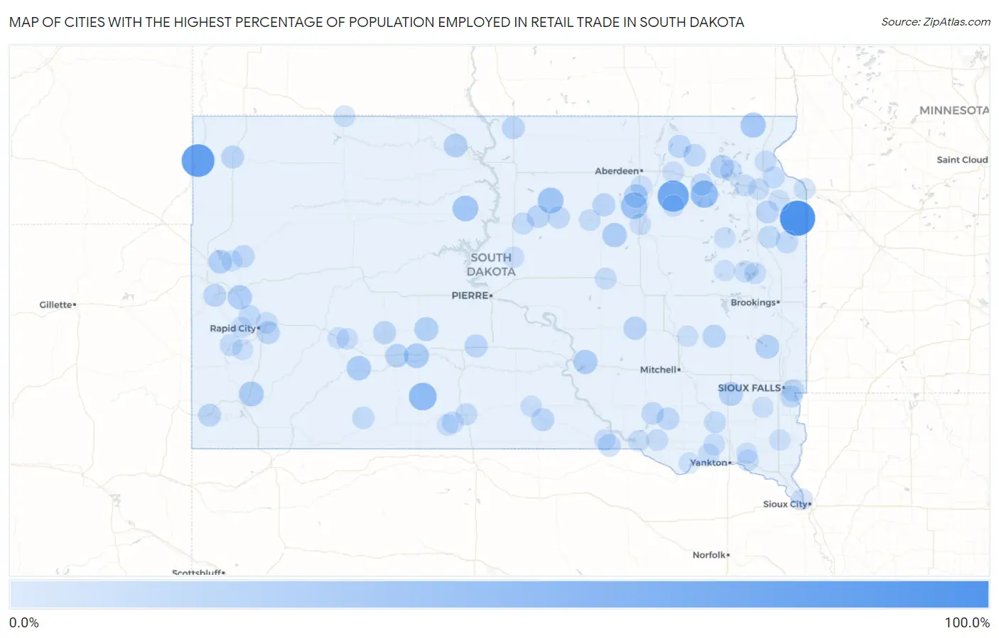 Cities with the Highest Percentage of Population Employed in Retail Trade in South Dakota Map