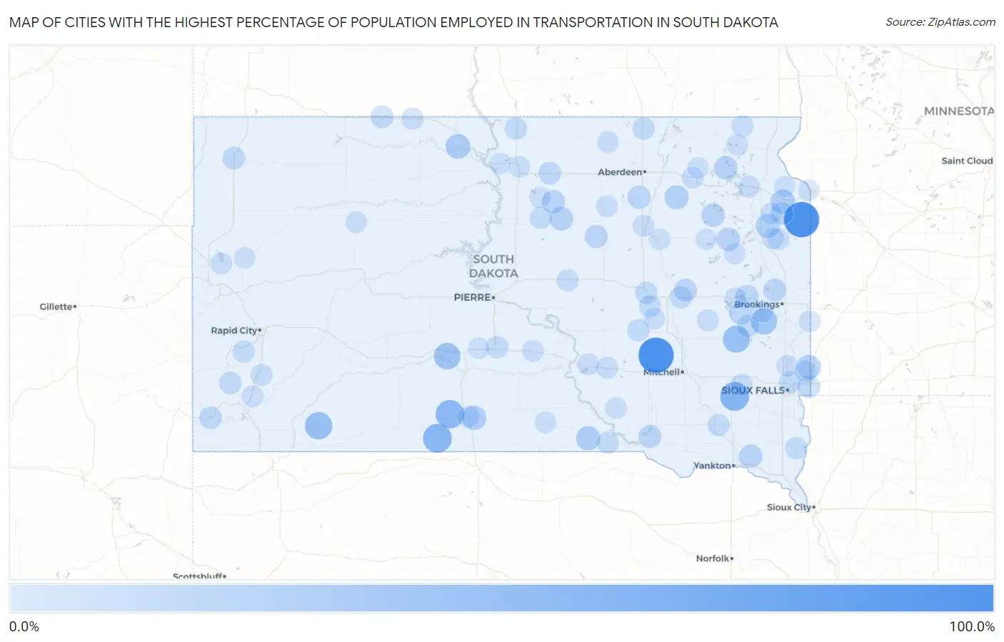 Cities with the Highest Percentage of Population Employed in Transportation in South Dakota Map