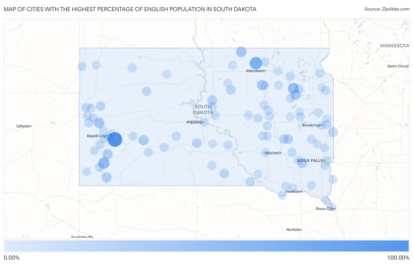 Cities with the Highest Percentage of English Population in South Dakota Map
