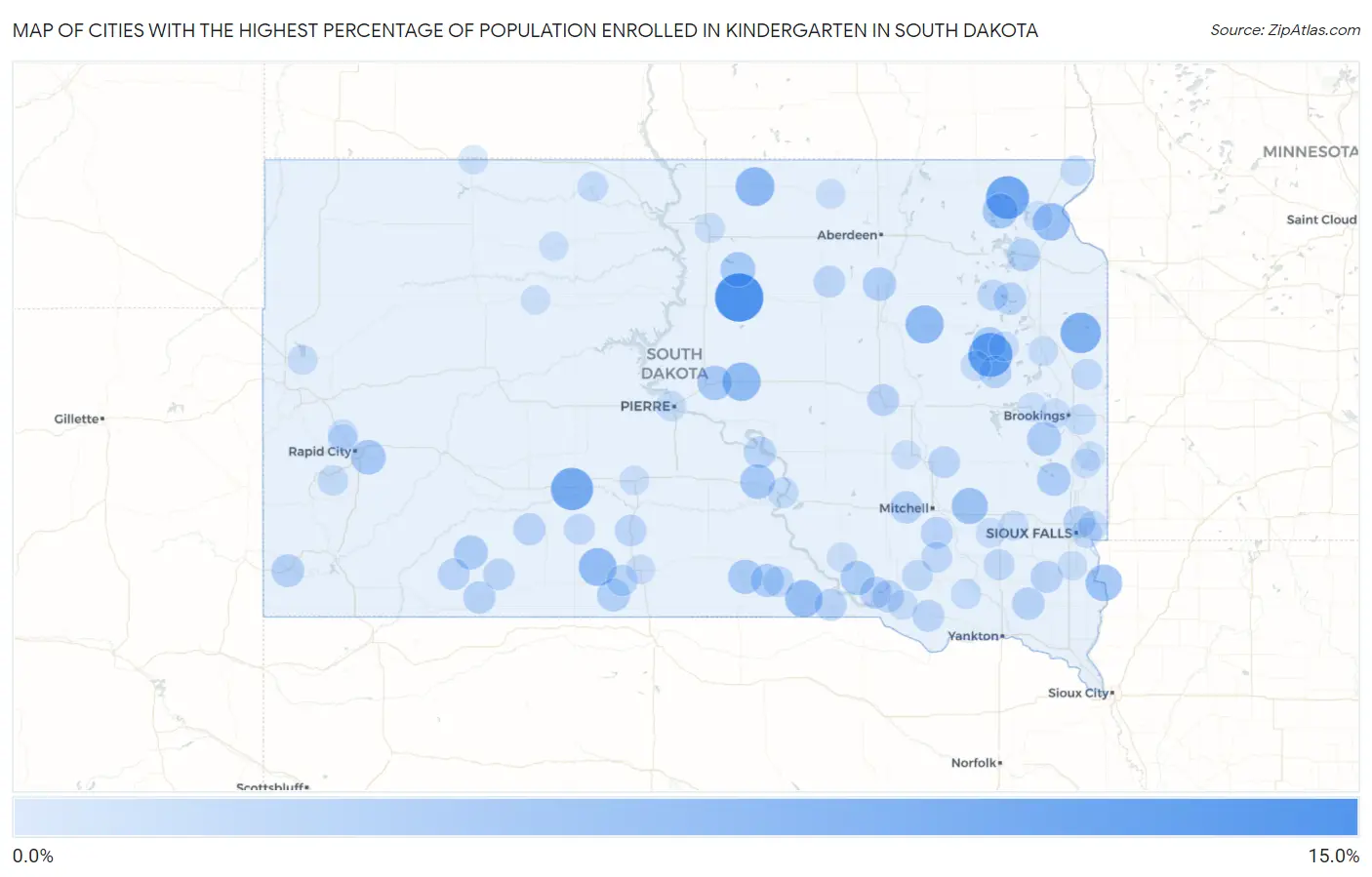 Cities with the Highest Percentage of Population Enrolled in Kindergarten in South Dakota Map