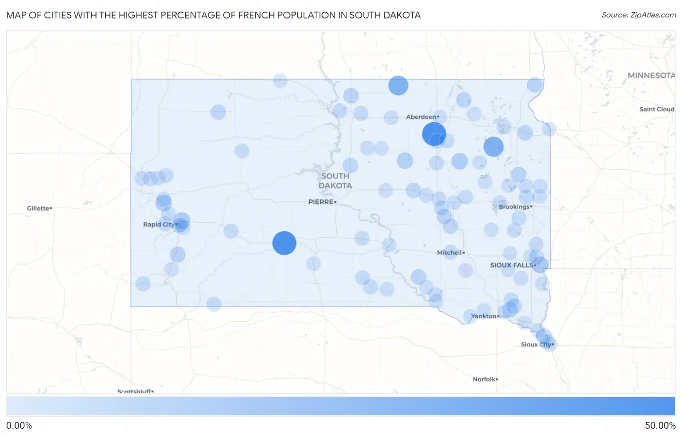 Cities with the Highest Percentage of French Population in South Dakota Map