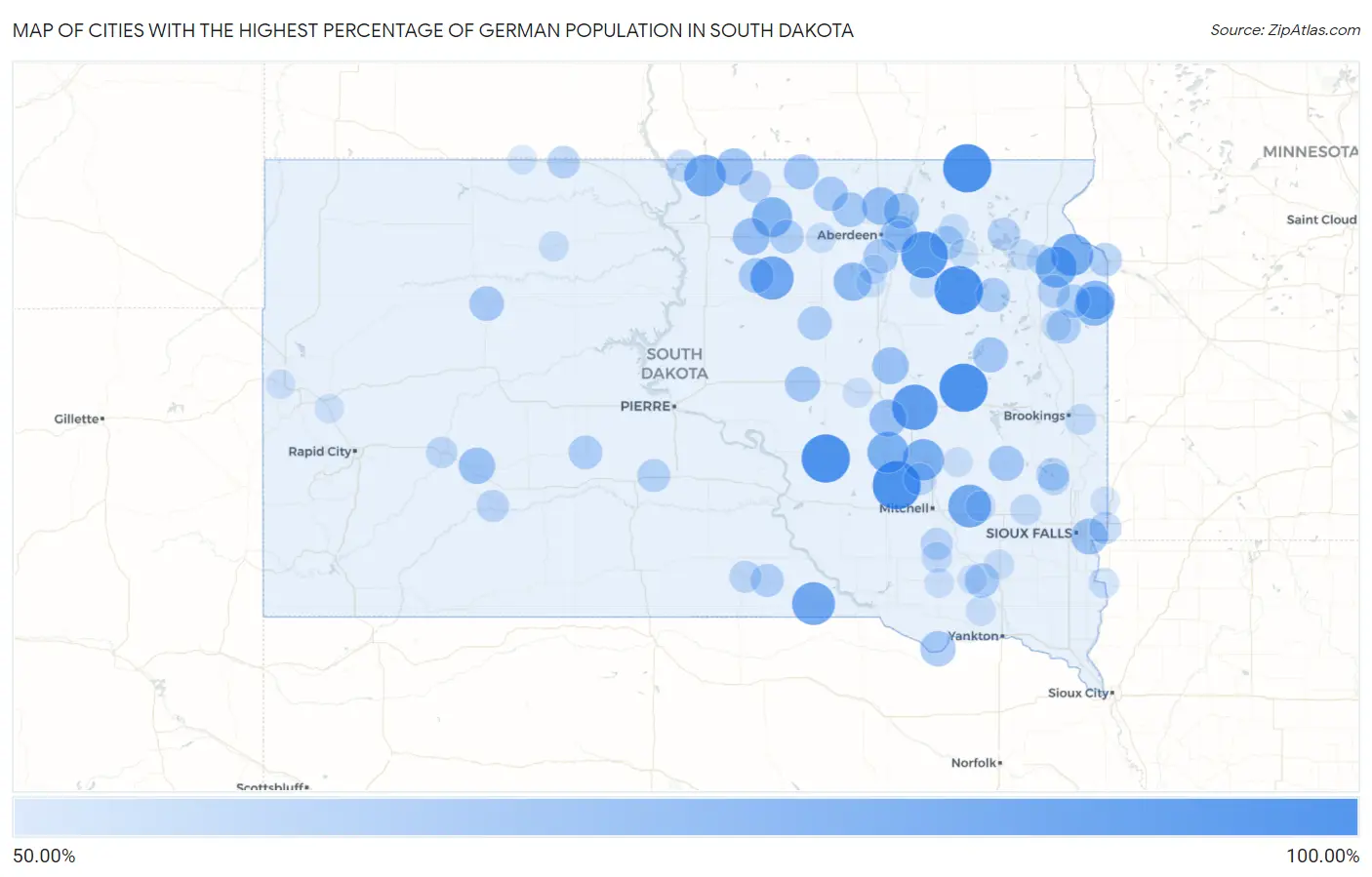 Cities with the Highest Percentage of German Population in South Dakota Map