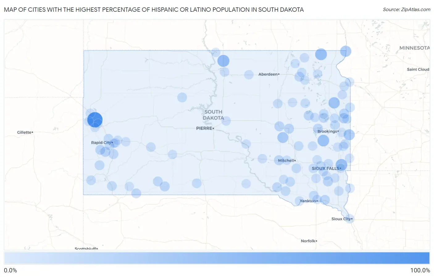 Cities with the Highest Percentage of Hispanic or Latino Population in South Dakota Map