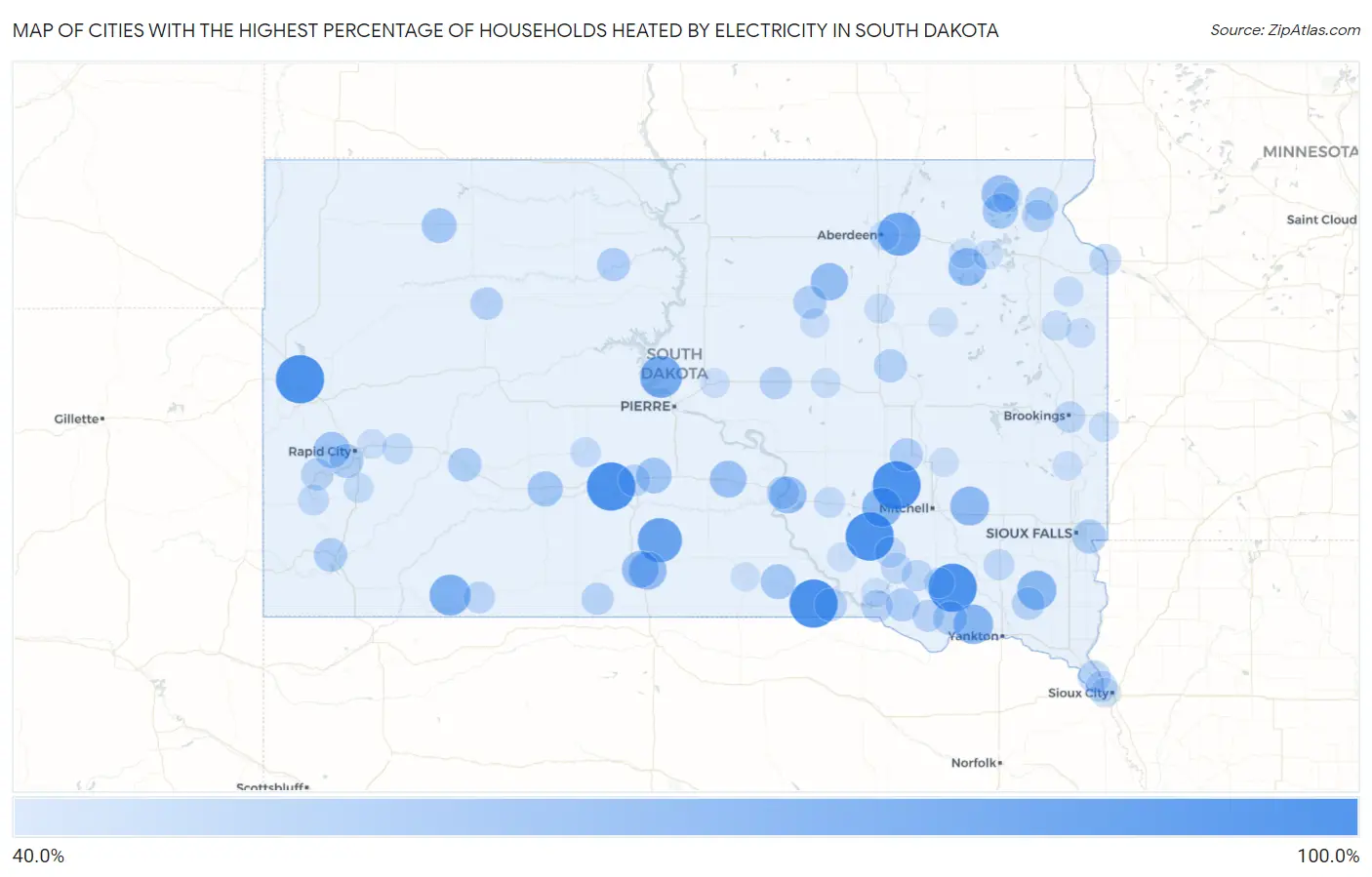 Cities with the Highest Percentage of Households Heated by Electricity in South Dakota Map