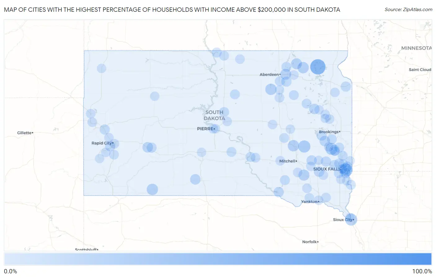 Cities with the Highest Percentage of Households with Income Above $200,000 in South Dakota Map