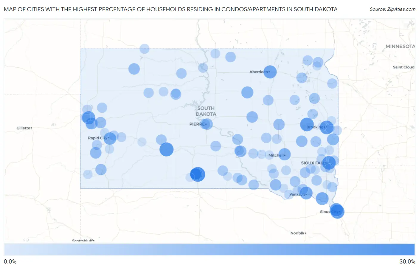 Cities with the Highest Percentage of Households Residing in Condos/Apartments in South Dakota Map