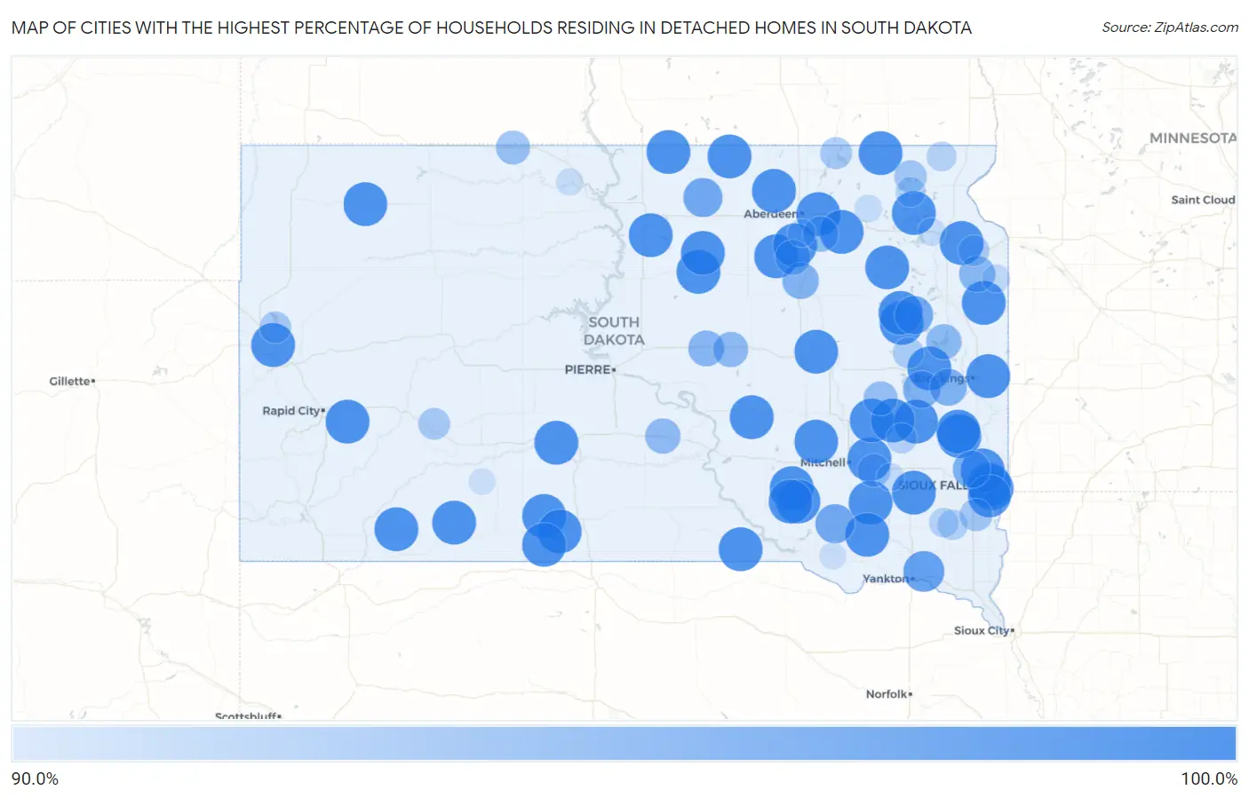 Cities with the Highest Percentage of Households Residing in Detached Homes in South Dakota Map