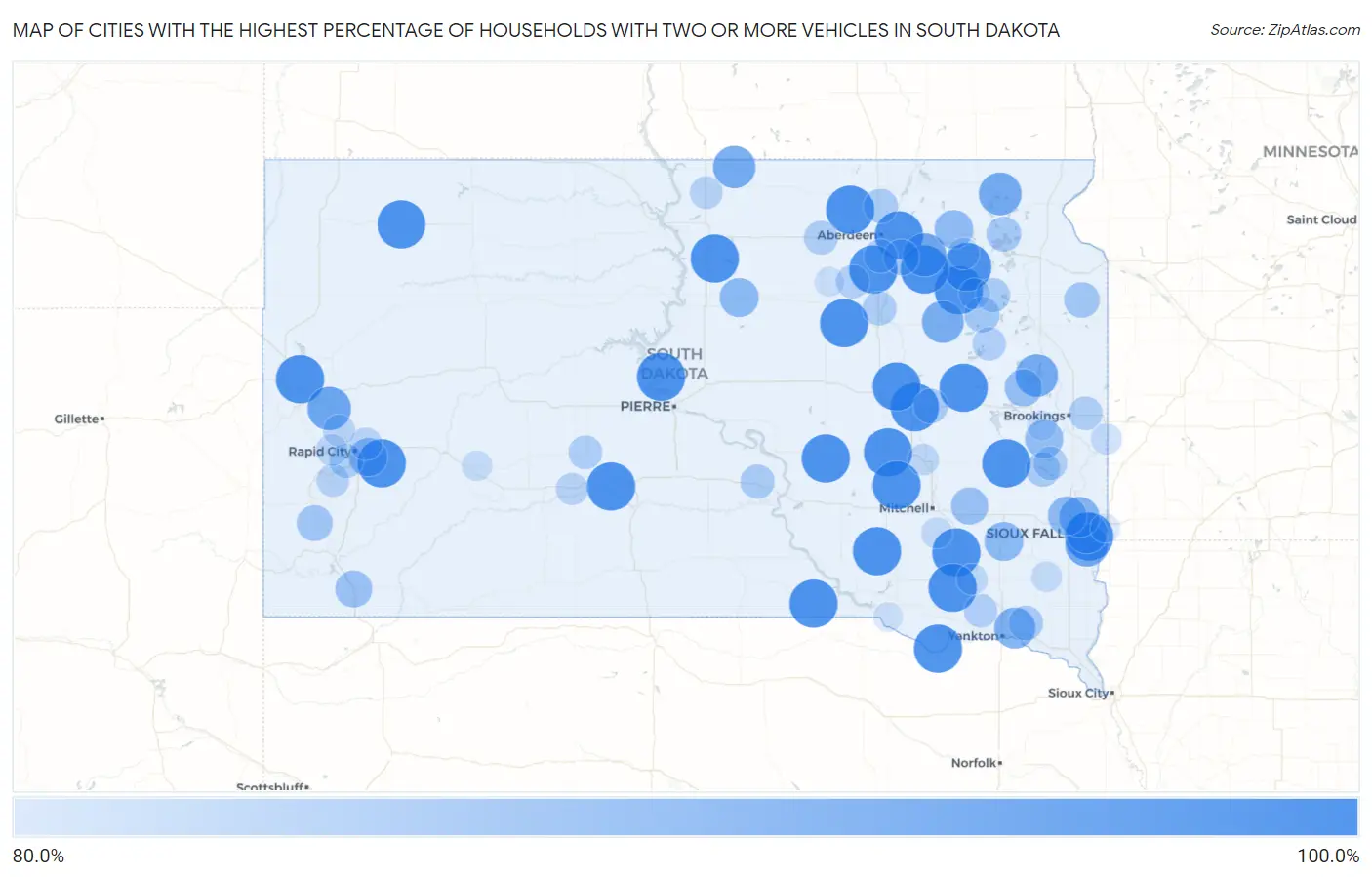 Cities with the Highest Percentage of Households With Two or more Vehicles in South Dakota Map