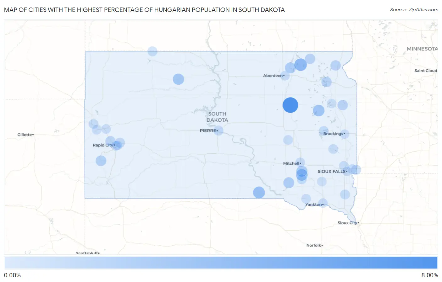 Cities with the Highest Percentage of Hungarian Population in South Dakota Map
