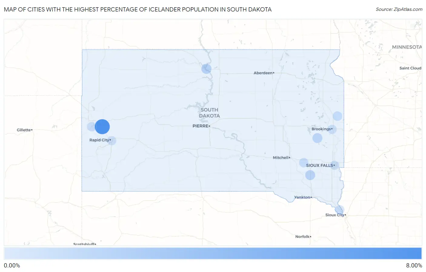 Cities with the Highest Percentage of Icelander Population in South Dakota Map