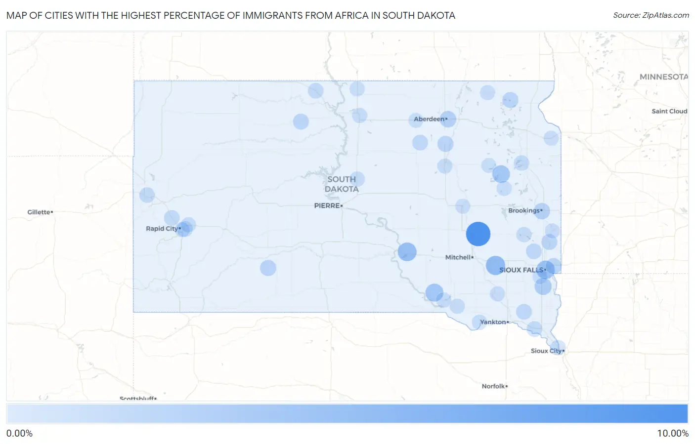 Cities with the Highest Percentage of Immigrants from Africa in South Dakota Map