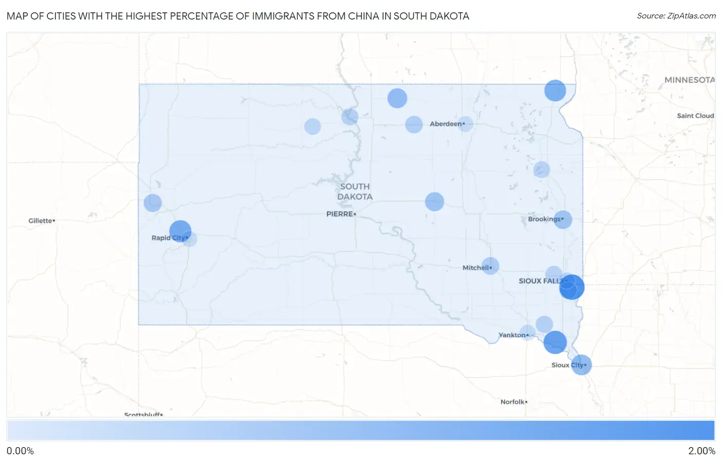 Cities with the Highest Percentage of Immigrants from China in South Dakota Map