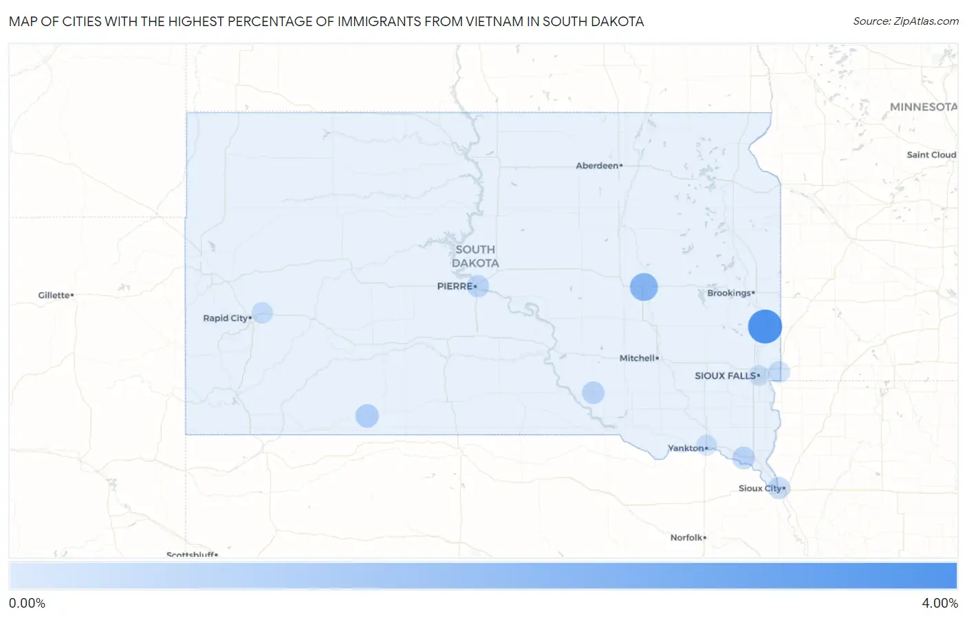 Cities with the Highest Percentage of Immigrants from Vietnam in South Dakota Map