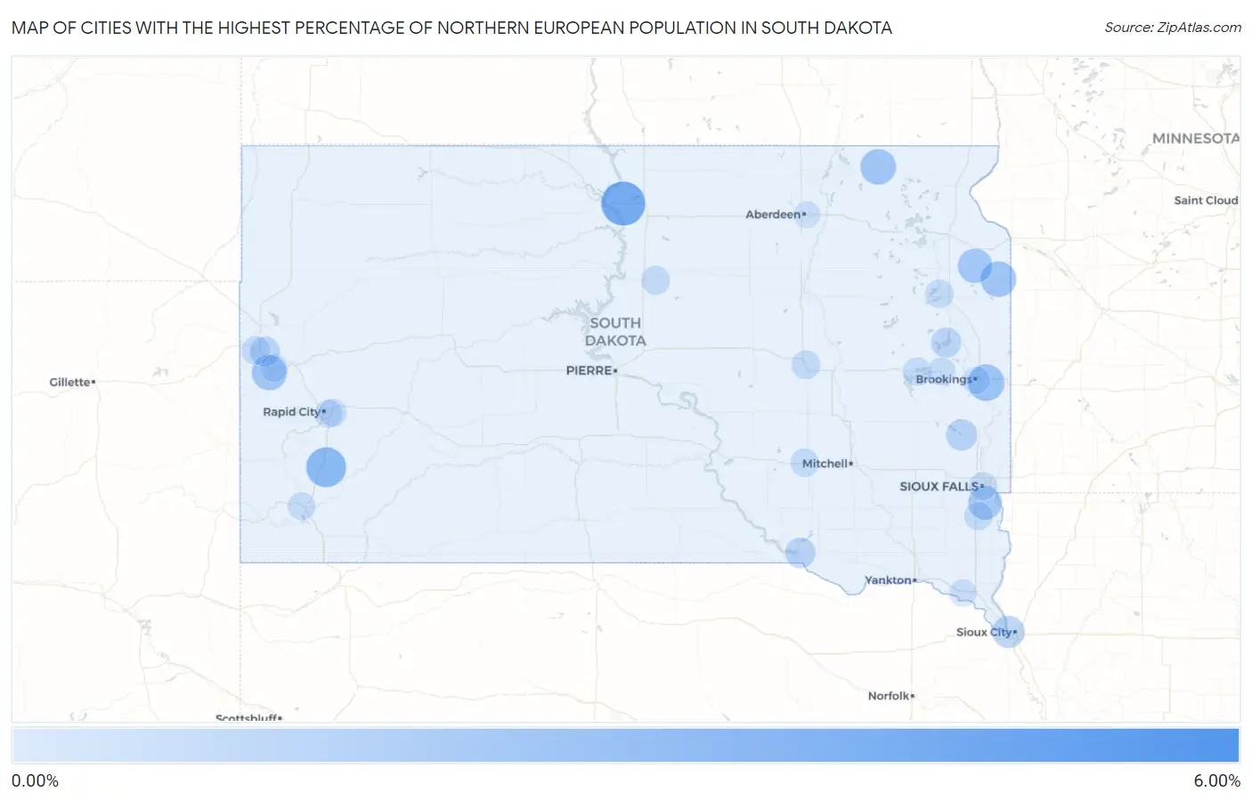 Cities with the Highest Percentage of Northern European Population in South Dakota Map