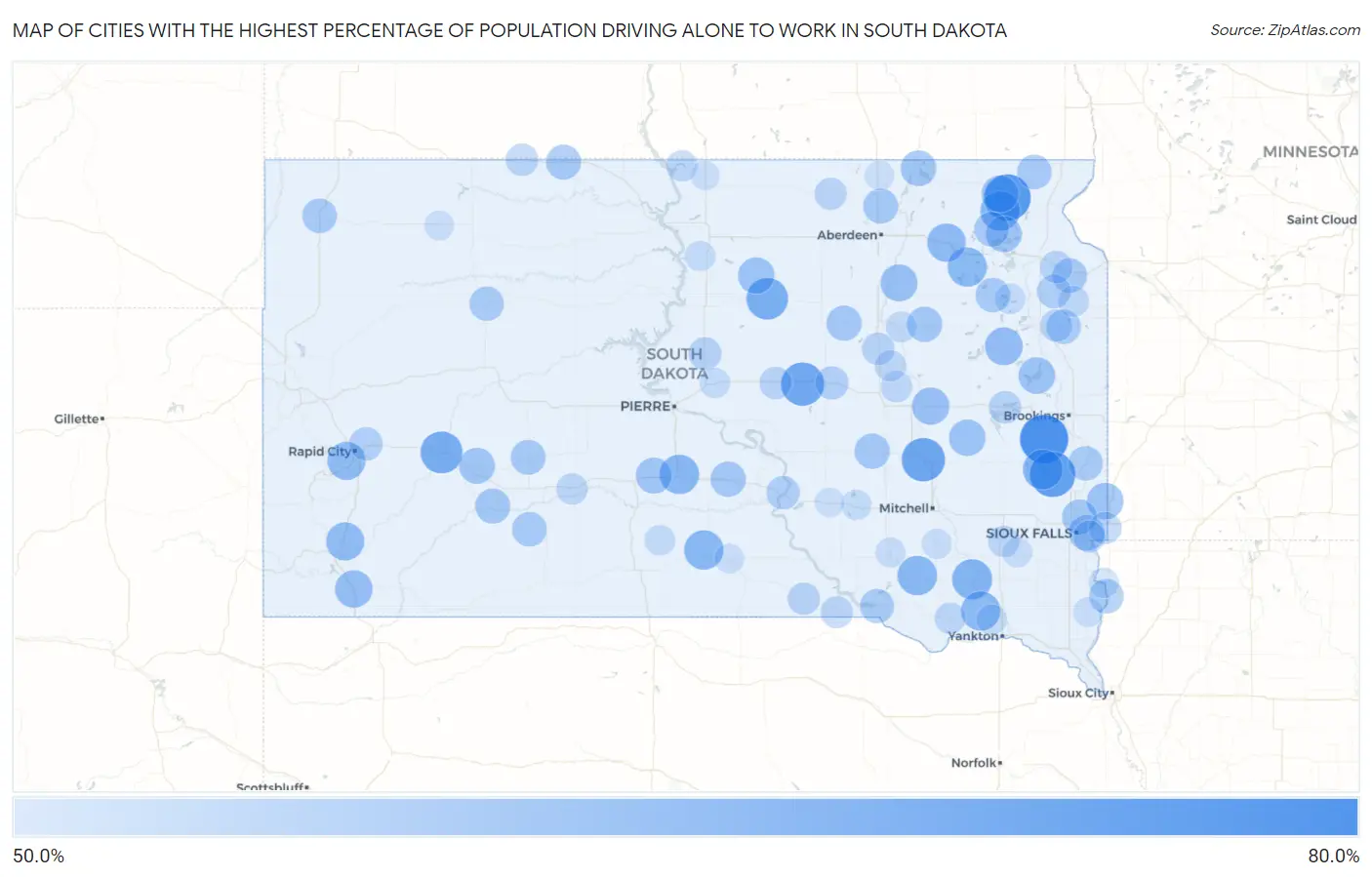 Cities with the Highest Percentage of Population Driving Alone to Work in South Dakota Map