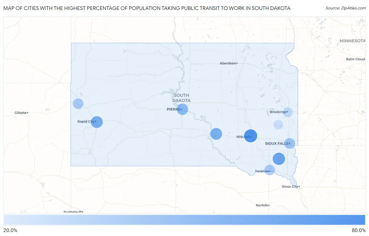 Cities with the Highest Percentage of Population Taking Public Transit to Work in South Dakota Map