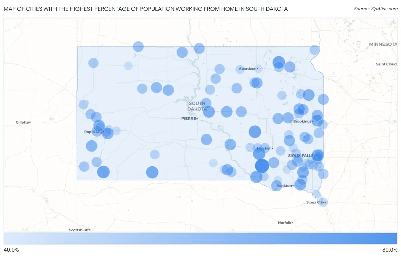 Cities with the Highest Percentage of Population Working from Home in South Dakota Map