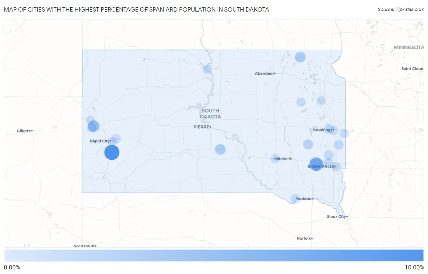Cities with the Highest Percentage of Spaniard Population in South Dakota Map