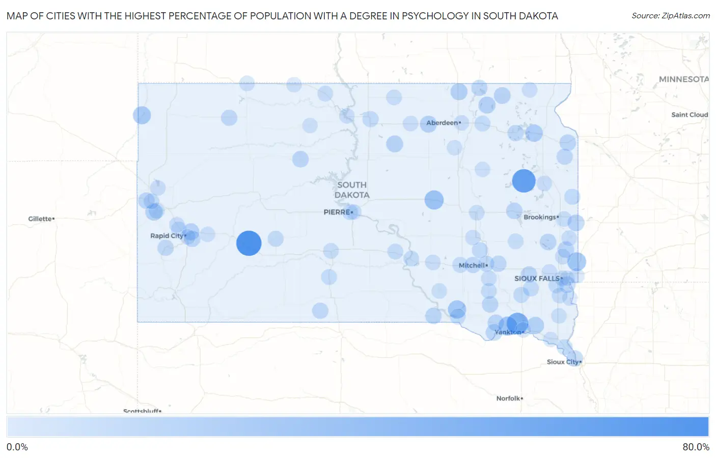 Cities with the Highest Percentage of Population with a Degree in Psychology in South Dakota Map