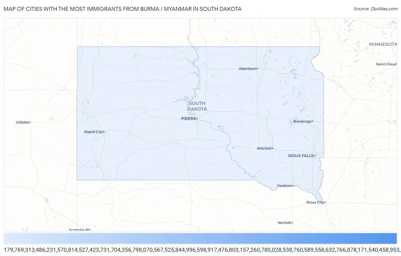 Cities with the Most Immigrants from Burma / Myanmar in South Dakota Map