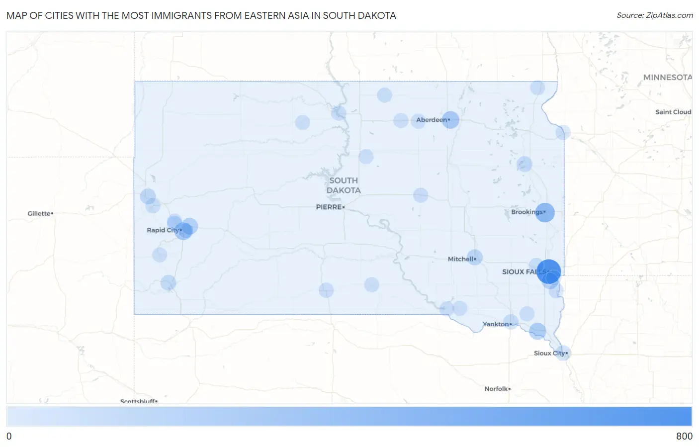 Cities with the Most Immigrants from Eastern Asia in South Dakota Map