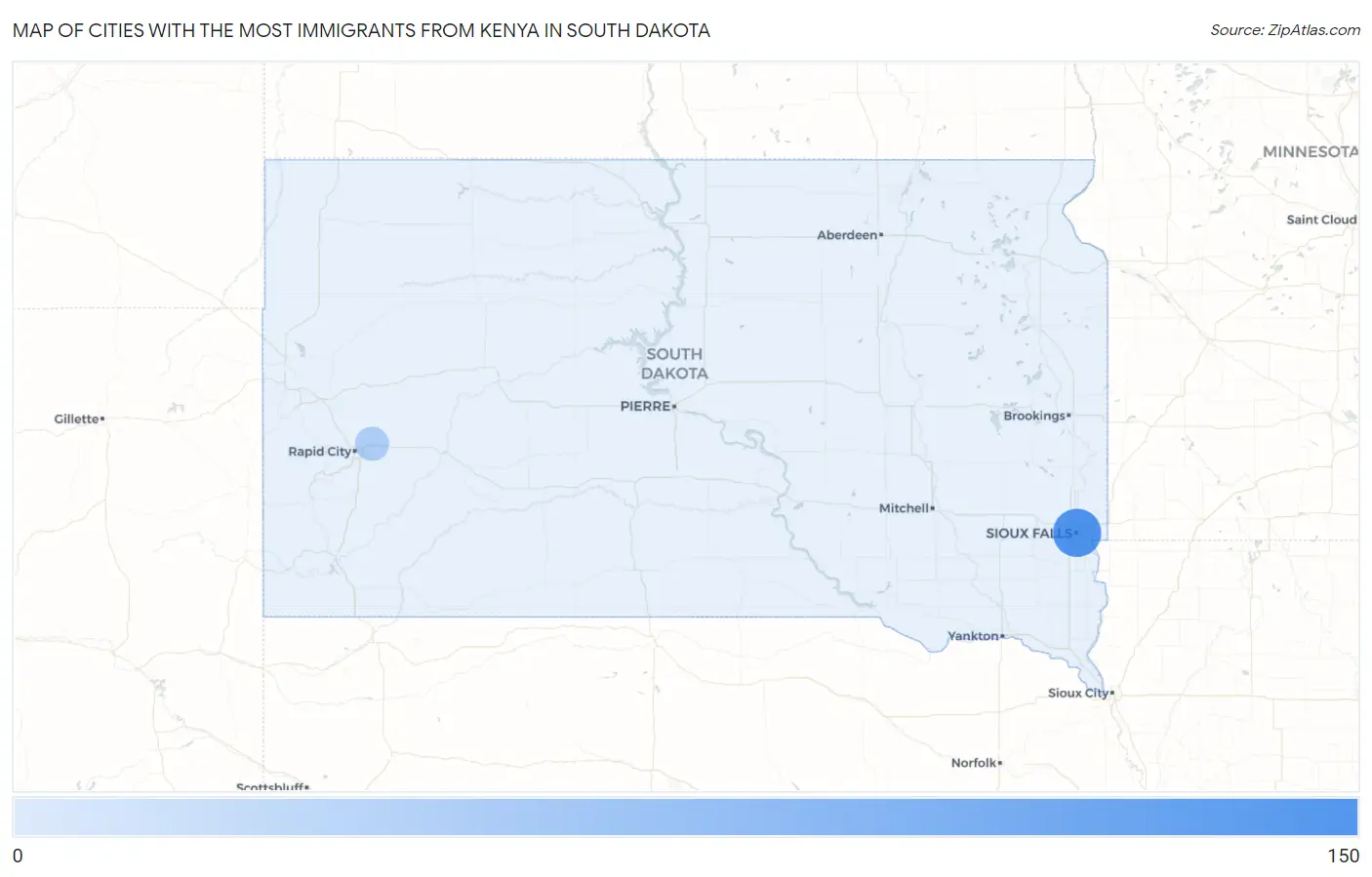 Cities with the Most Immigrants from Kenya in South Dakota Map