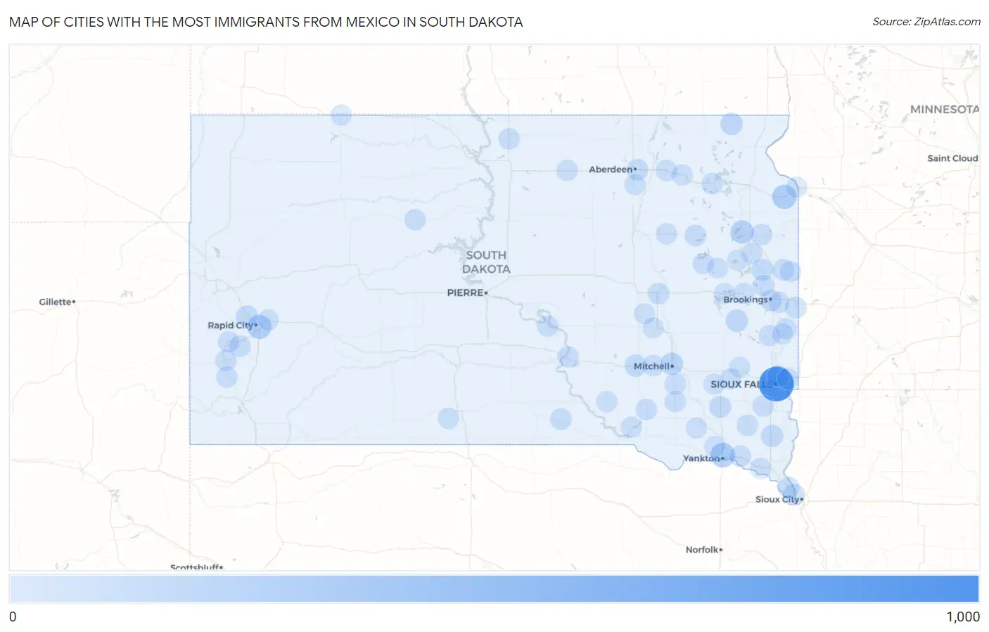Cities with the Most Immigrants from Mexico in South Dakota Map