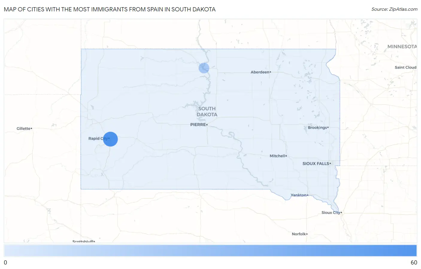 Cities with the Most Immigrants from Spain in South Dakota Map