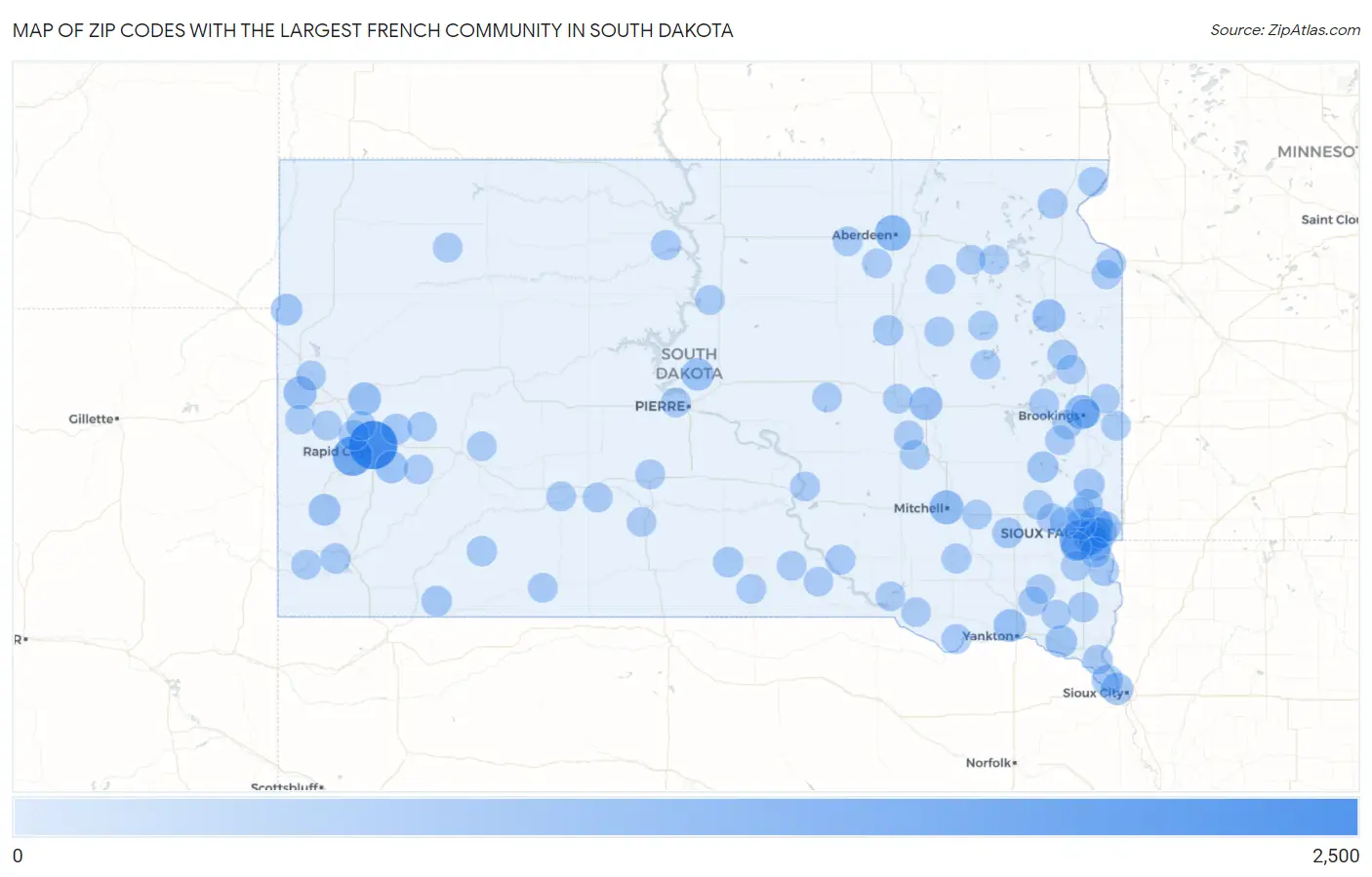 Zip Codes with the Largest French Community in South Dakota Map